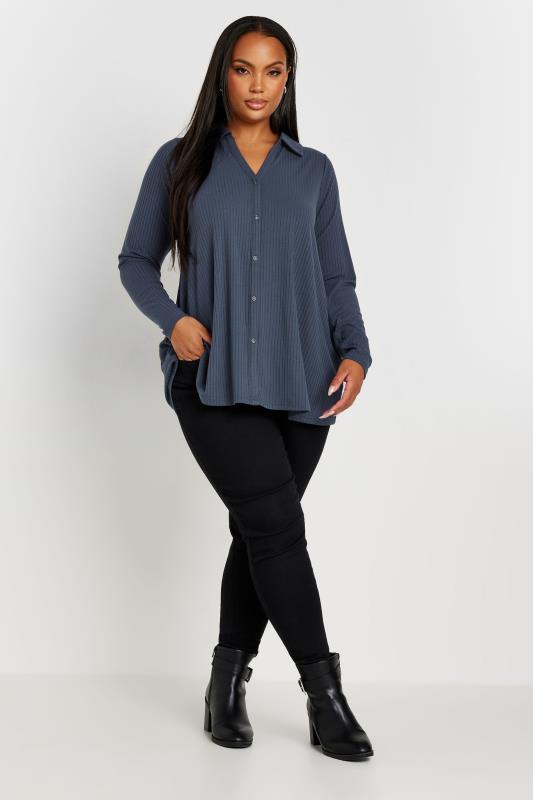 YOURS Plus Size Slate Grey Ribbed Button Front Long Sleeve Collared Top | Yours Clothing 2