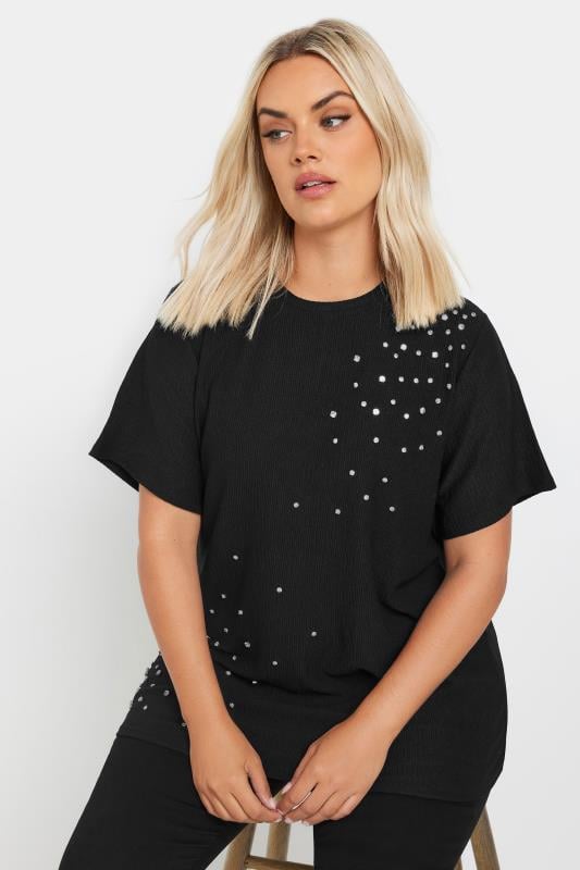 YOURS Plus Size Black Textured Diamante T-Shirt | Yours Clothing 1