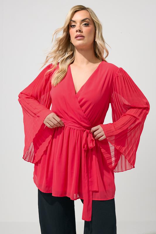  YOURS LONDON Curve Red Pleat Sleeve Wrap Top