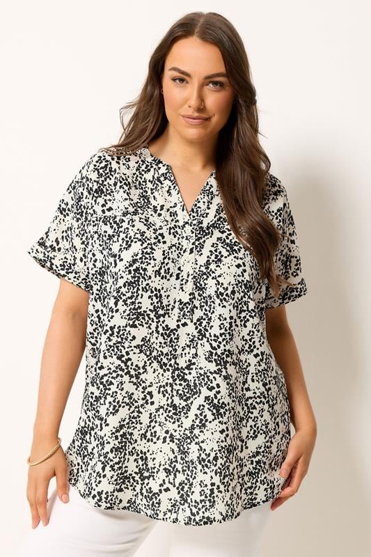 YOURS Curve Ivory White Dalmatian Print Notch Neck Blouse | Yours Clothing 1