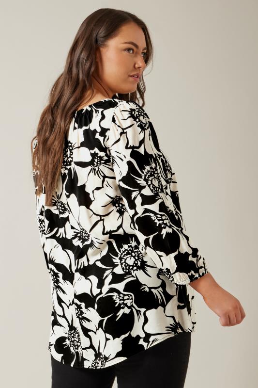 EVANS Plus Size Black Floral Print Tie Neck Blouse | Yours Clothing 3