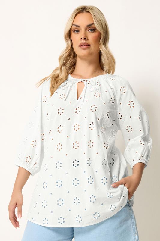 YOURS Curve White Floral Broderie Anglaise Top | Yours Clothing 1