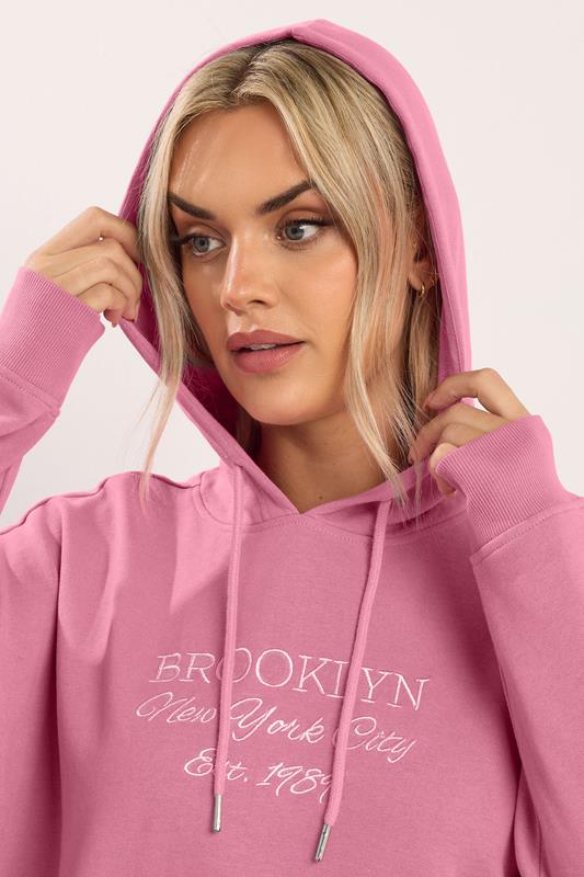 YOURS Plus Size Pink 'Brooklyn' Embroidered Slogan Hoodie | Yours Clothing 5