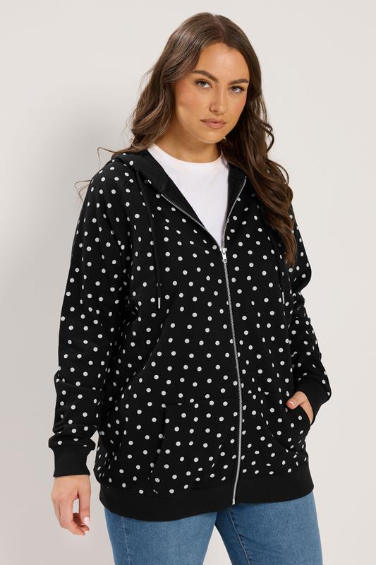 YOURS Plus Size Black Polka Dot Zip Through Raglan Hoodie | Yours Clothing 1