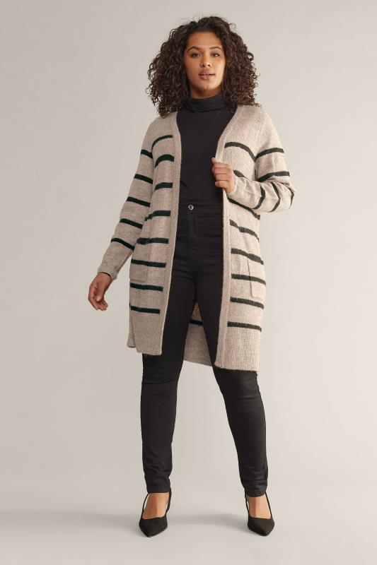 EVANS Plus Size Beige Brown Stripe Knitted Cardigan | Evans 2