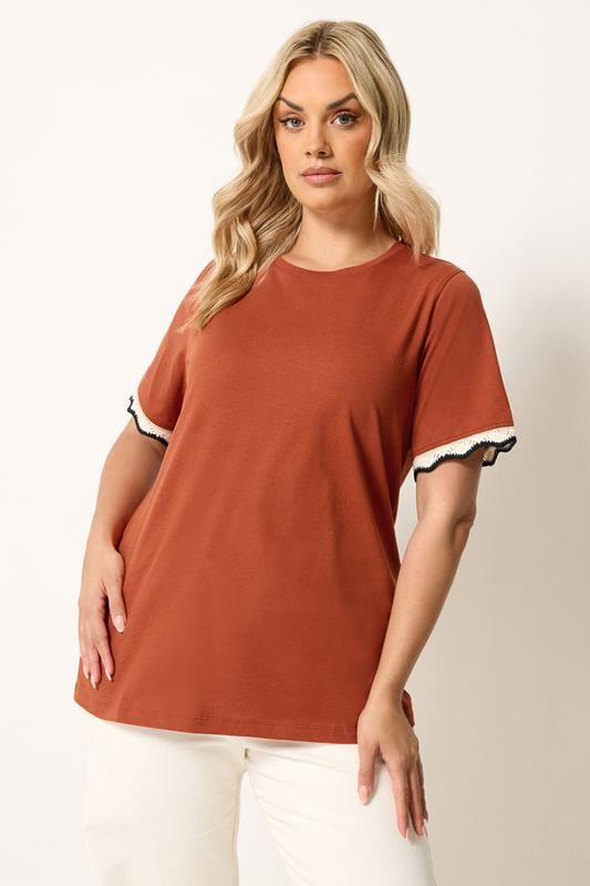 YOURS Plus Size Burnt Orange Metallic Crochet Trim T-Shirt | Yours Clothing 1