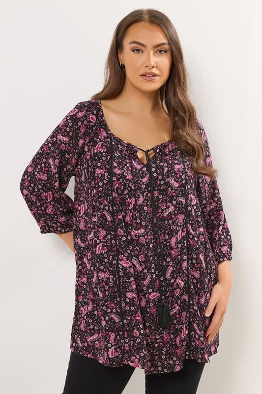 YOURS Plus Size Pink Paisley Print Tie Front Top | Yours Clothing 1