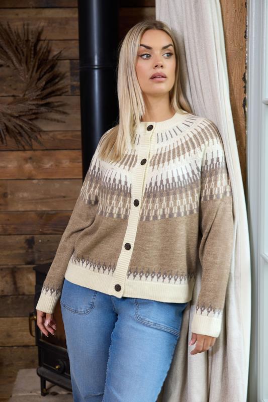 YOURS Plus Size Natural Brown Fairisle Knitted Cardigan | Yours Clothing 1