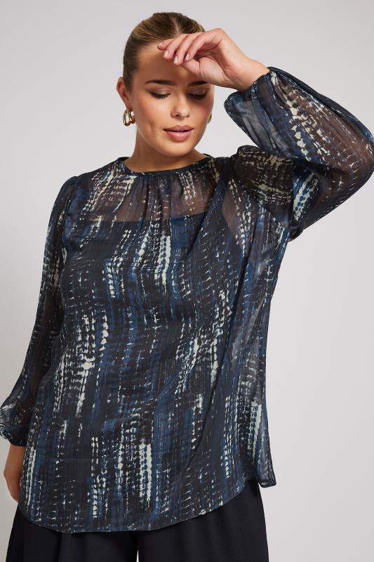 YOURS LONDON Curve Navy Blue Snake Print Metallic Chiffon Blouse | Yours Clothing  2