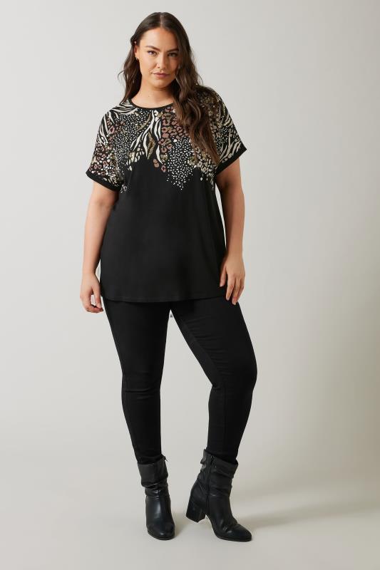 EVANS Plus Size Black Mixed Animal Print T-Shirt | Evans 2