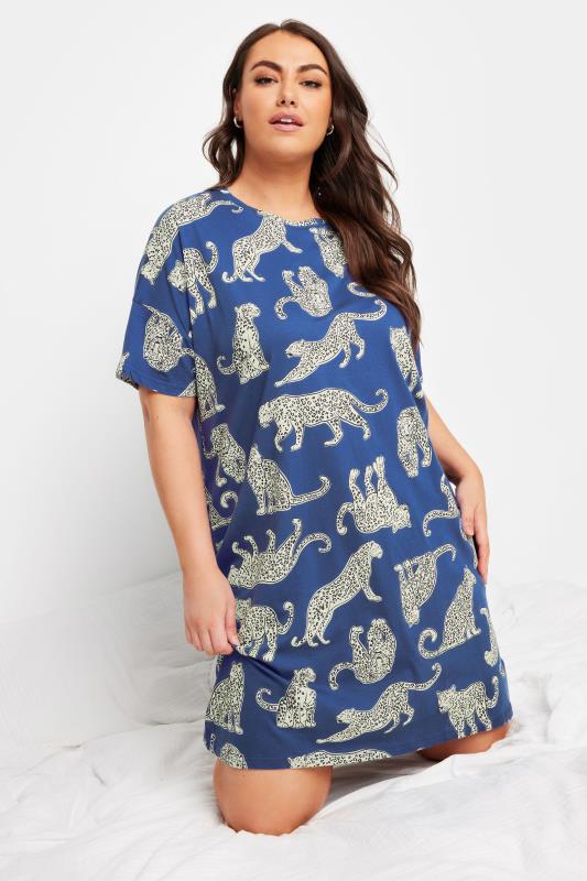 YOURS Plus Size Blue Leopard Print Sleep Tee Nightdress | Yours Clothing  1