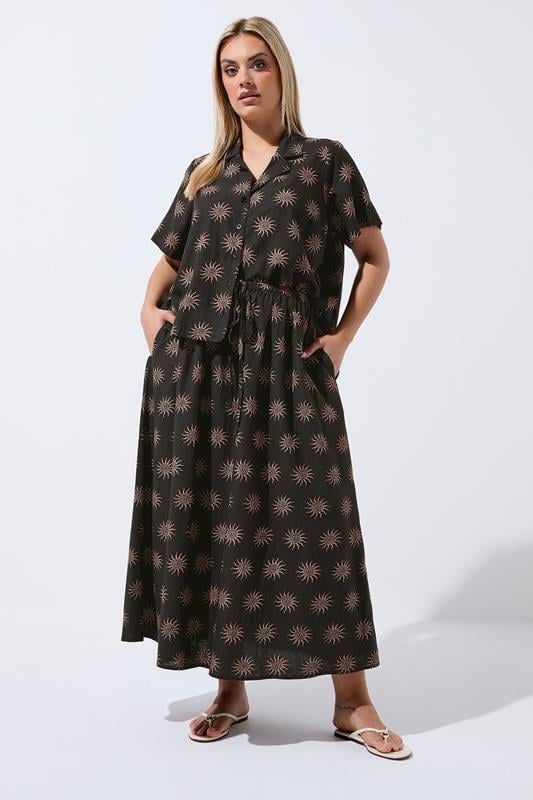 LIMITED COLLECTION Plus Size Dark Brown Sun Print Linen Maxi Skirt | Yours Clothing 1