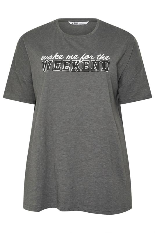 YOURS Plus Size Grey 'Wake Me For The Weekend' Slogan Pyjama Top | Yours Clothing 7