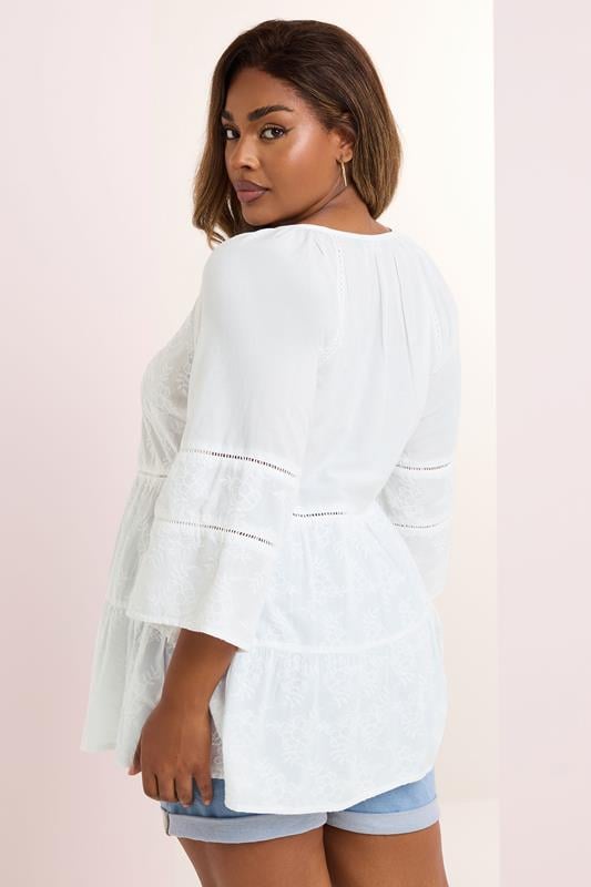 YOURS Plus Size White Embroidered Tie Front Smock Blouse | Yours Clothing 4