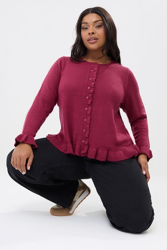 Plus Size  YOURS Curve Wine Red Frill Trim Cardigan