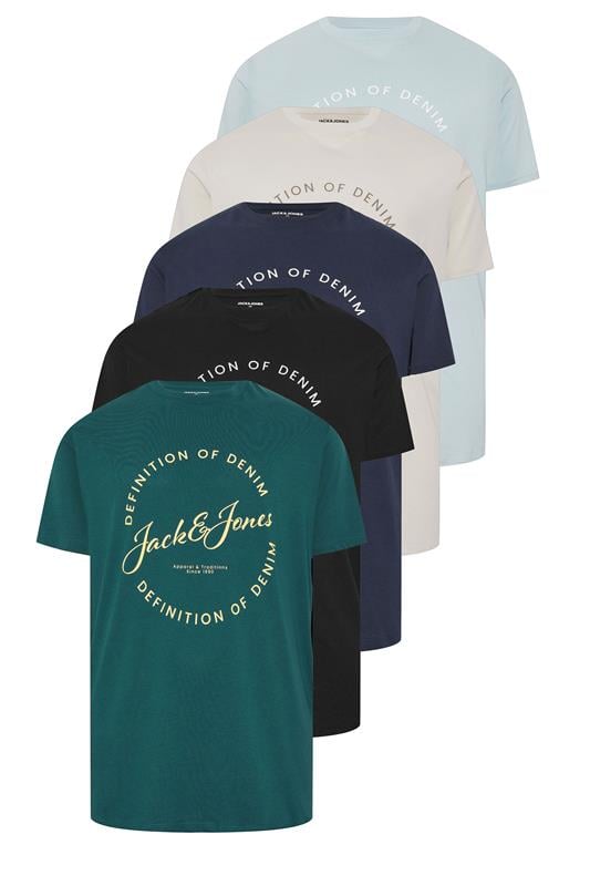 JACK & JONES Big & Tall 5 PACK Blue/Navy Blue/Green/Off-White/Black T-Shirts