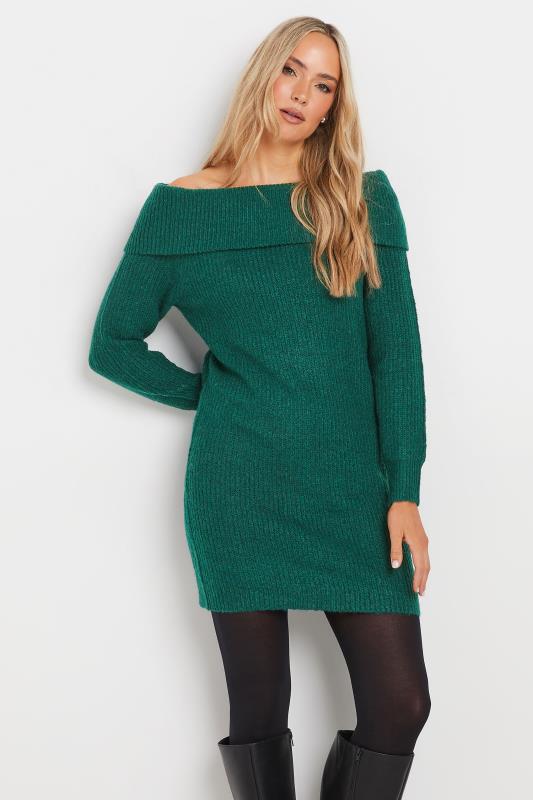 LTS Tall Womens Dark Green Bardot Mini Jumper Dress | Long Tall Sally 1