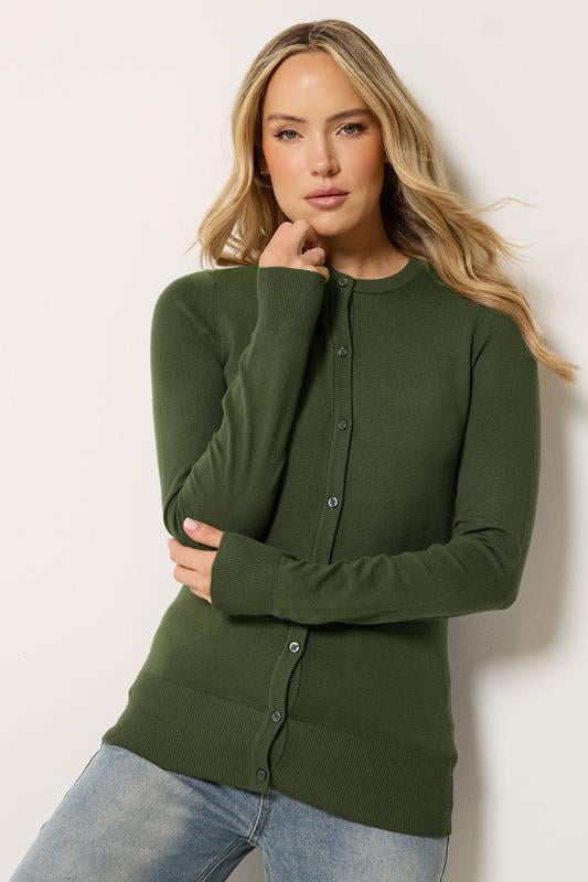 LTS Tall Dark Olive Green Crew Neck Button Cardigan