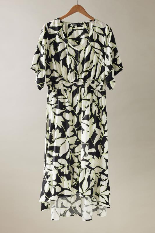EVANS Plus Size Black Leaf Print Dipped Hem Midi Dress | Evans 5