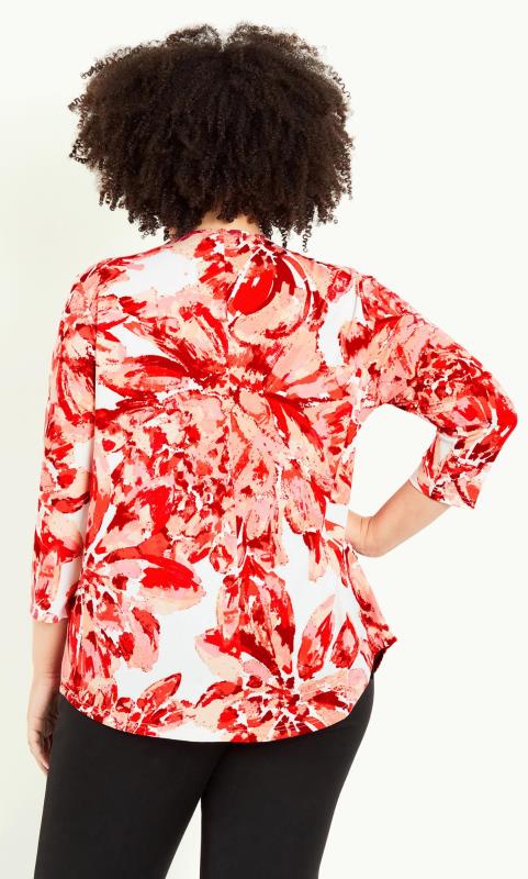 Avenue White & Red Floral Print Zip Neck Top 3