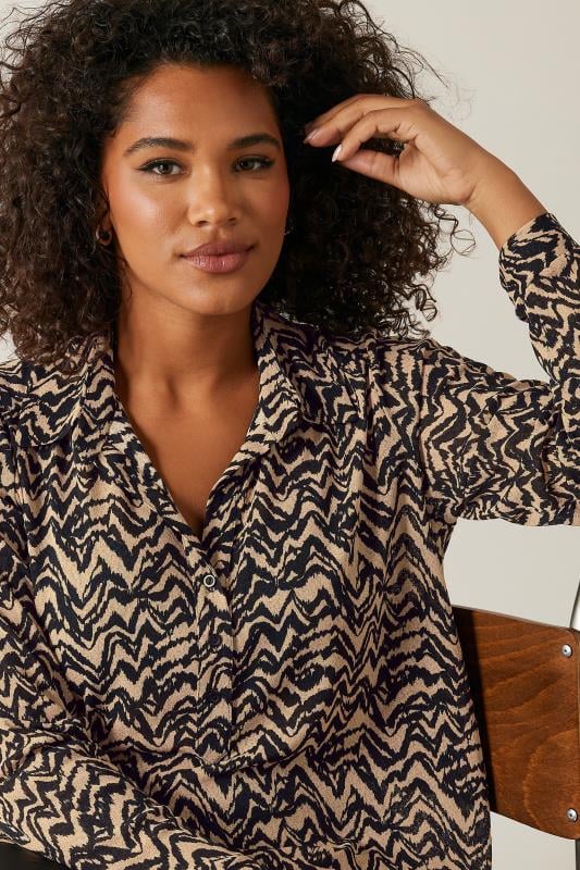 EVANS Plus Size Natural Brown Abstract Print Half Placket Shirt | Evans  4