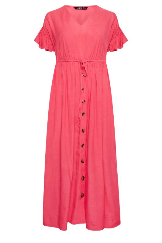 YOURS Plus Size Coral Pink Frill Sleeve Linen Maxi Dress | Yours Clothing 6