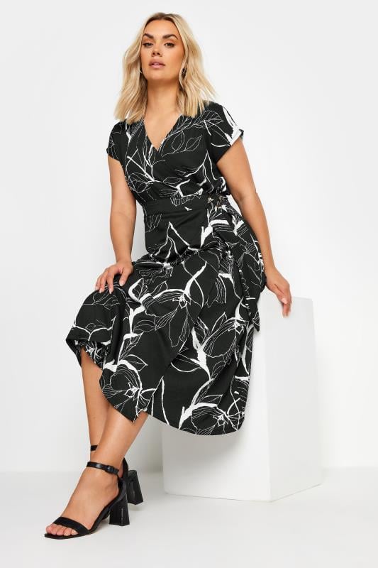 YOURS Plus Size Black Leaf Print Crinkle Midi Wrap Dress | Yours Clothing 1