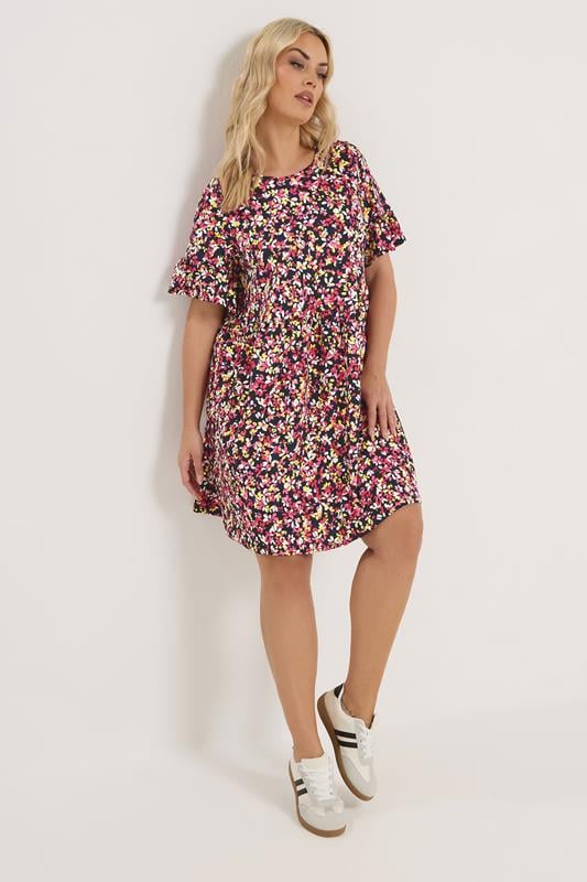 YOURS Plus Size Black Frill Sleeve Floral Dress | Yours Clothing 1
