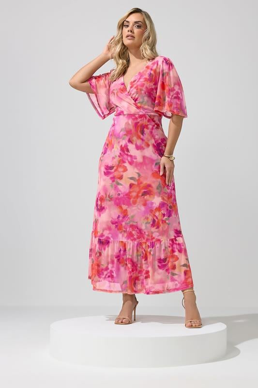  YOURS LONDON Curve Pink Floral Wrap Ruffle Hem Dress