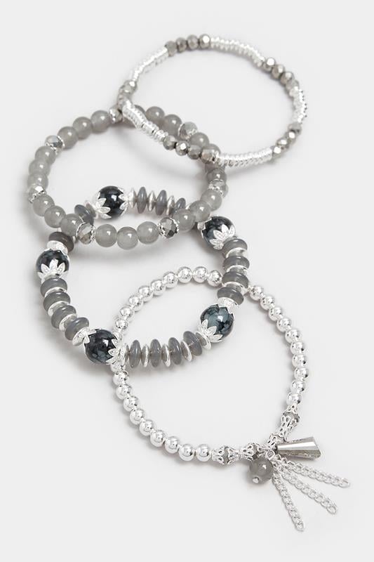 YOURSET 4 PACK Silver Tone Beaded Stretch Charm Bracelets