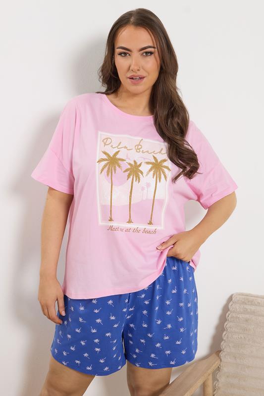  YOURS Curve Blue Palm Tree Print Pyjama Shorts