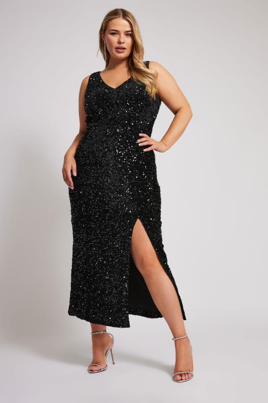 YOURS LONDON Plus Size Black Sequin Velvet Maxi Dress | Yours Clothing 1