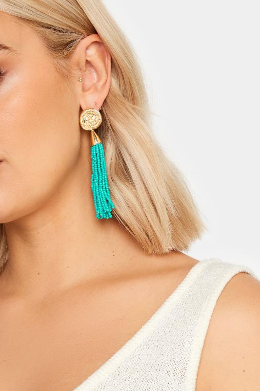 Gold Tone Teal Beaded Tassel Earrings 1