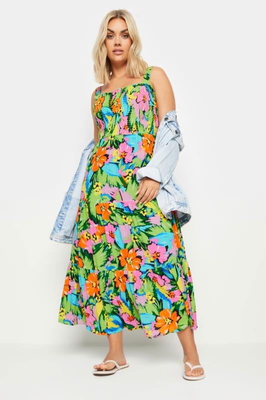Plus Size  YOURS Curve Green Tropical Print Tiered Maxi Dress
