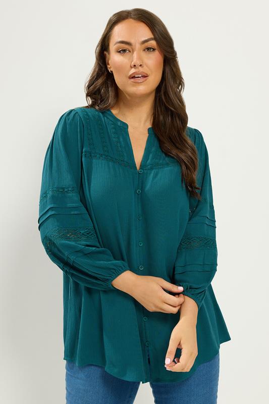  YOURS Curve Teal  Blue Notch Neck Crochet Blouse