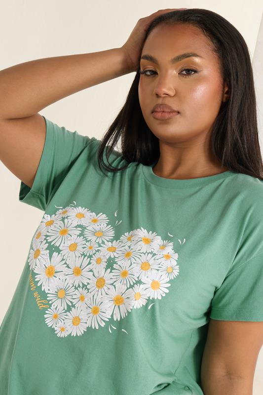 YOURS Plus Size Green Daisy Heart Print T-Shirt | Yours Clothing 4