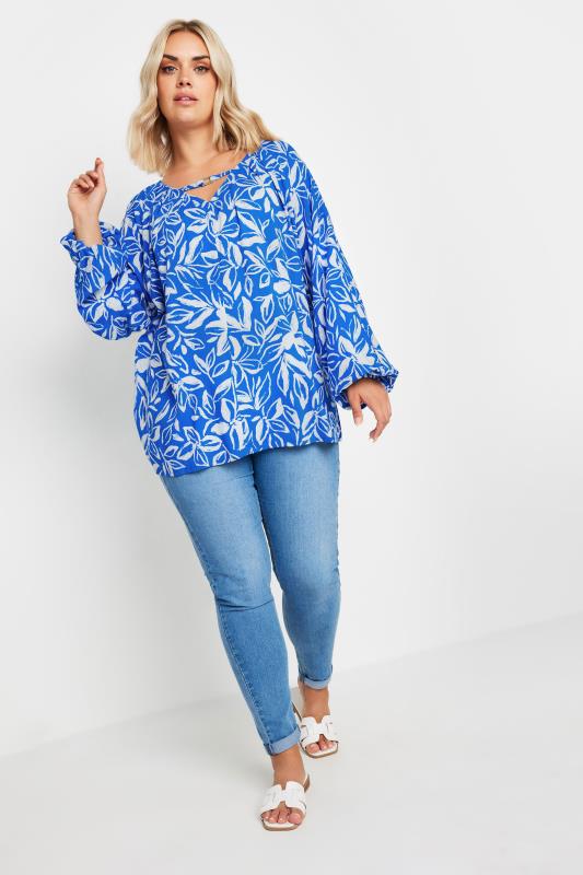 YOURS Plus Size Blue Floral Print Balloon Sleeve Blouse | Yours Clothing  4