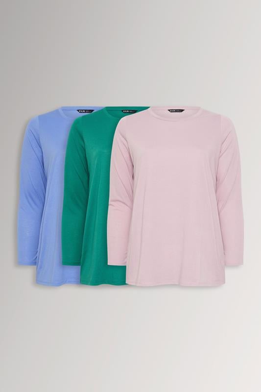 YOURSET 3 PACK Curve Green & Blue Long Sleeve T-Shirts