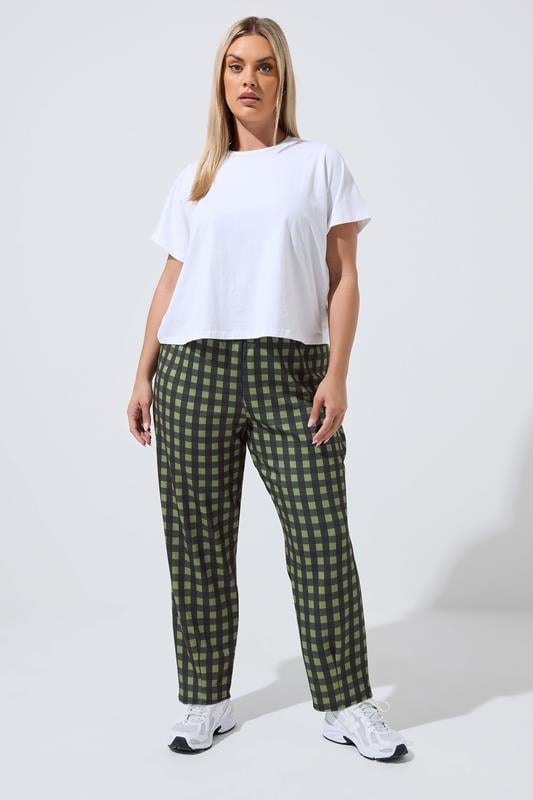 LIMITED COLLECTION Plus Size Khaki Green Gingham Barrel Trousers | Yours Clothing 1
