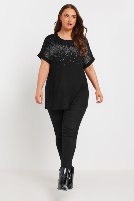 YOURS Plus Size Black Diamante Detail T-Shirt | Yours Clothing 2