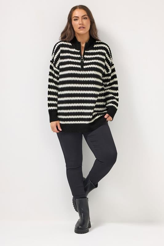 YOURS Plus Size Black Scallop Stripe Quarter Zip Jumper | Yours Clothing 2