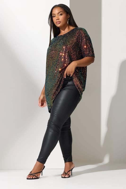 YOURS LONDON Plus Size Black Multicoloured Sequin T-Shirt | Yours Clothing 1