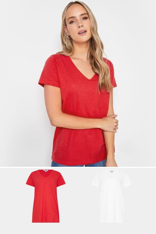 LTS Tall 2 Pack Red & White V-Neck T-Shirts | Long Tall Sally 1