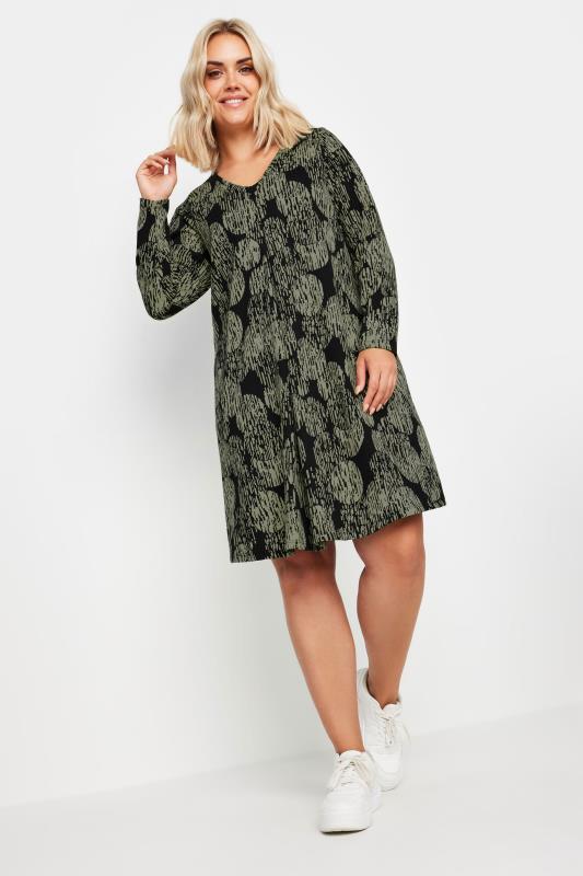 YOURS Plus Size Black & Green Abstract Print Pleat Front Dress | Yours Clothing  2