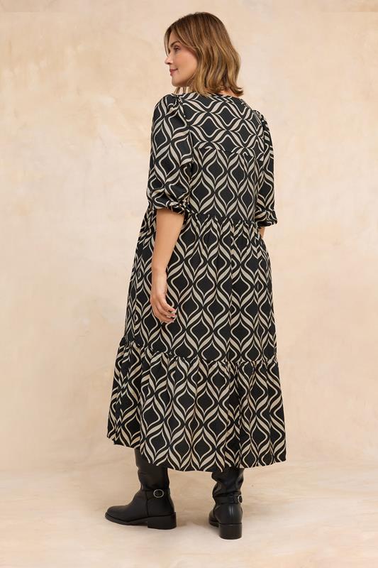 EVANS Plus Size Black Geometric Print Tiered Midi Dress | Evans 2