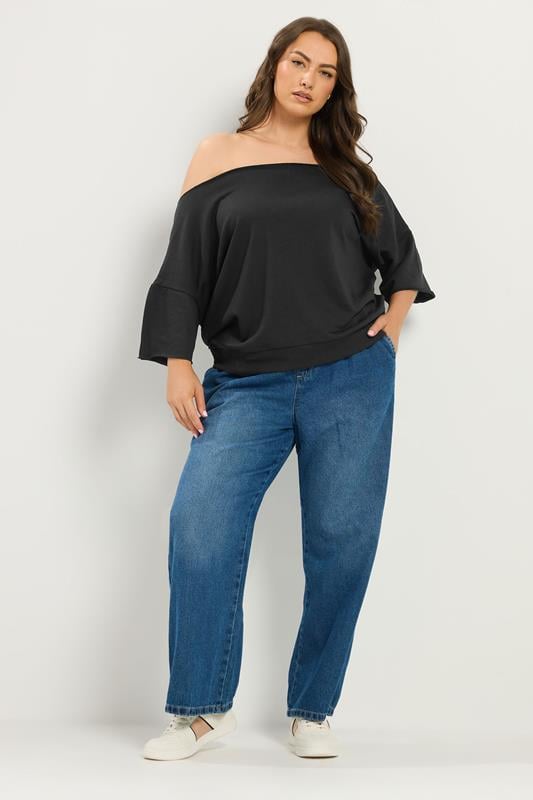 YOURS Plus Size Black Off Shoulder Sweatshirt | Yours Clothing 1