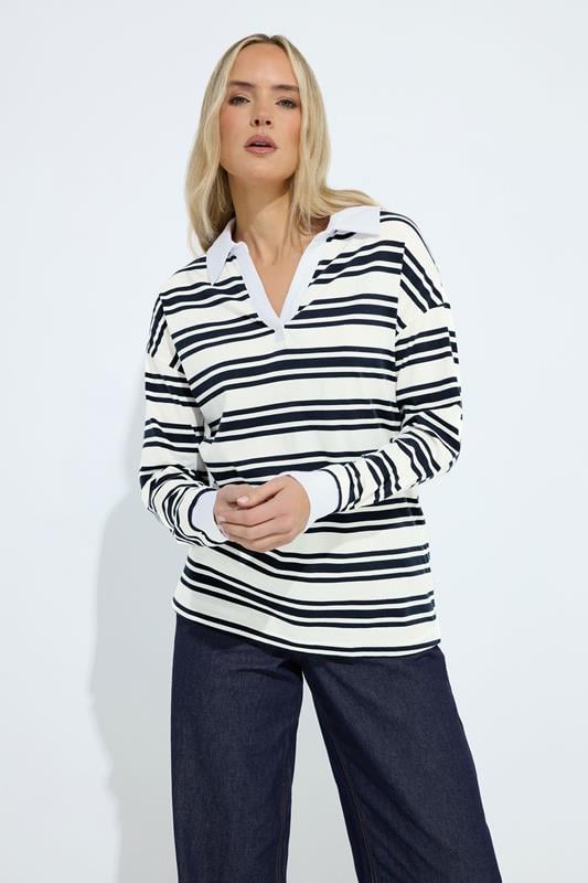 LTS Tall Navy Blue Double Stripe Cotton Rugby Polo T-Shirt