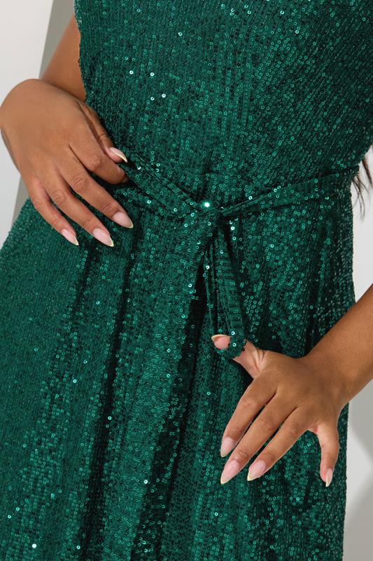 YOURS LONDON Plus Size Green Sequin V-Neck Maxi Dress | Yours Clothing 4