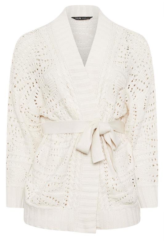 YOURS Plus Size Ivory White Pointelle Belted Cardigan | Yours Clothing 6