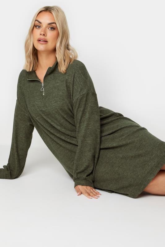 YOURS Plus Size Khaki Green Soft Touch Zip Neck Jumper Dress | Yours Clothing 2